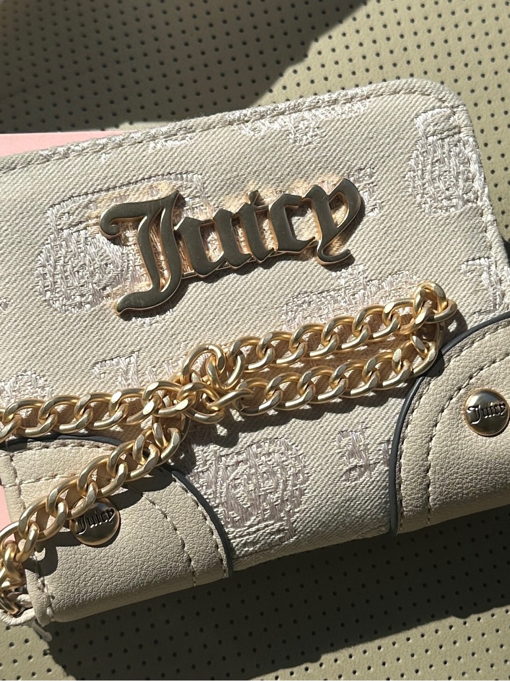 Juicy Couture Cream Embossed Logo Wallet with Gold Chain